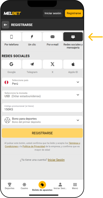 Registro en MelBet a través de redes sociales y Messenger - Melbet Promo Perú