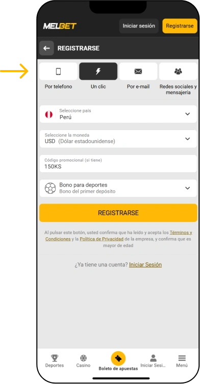 Registro en MelBet con un solo clic - Melbet Promo Perú